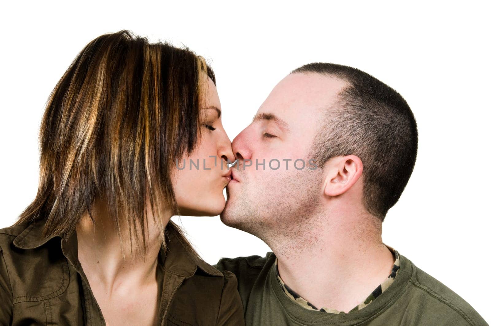 kissing couple in love on isolated white