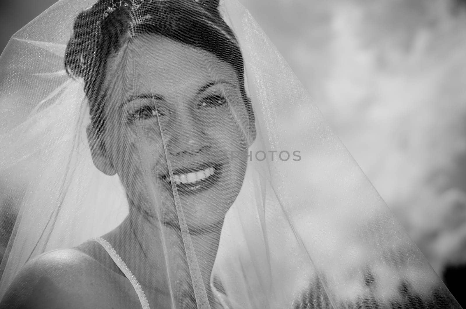 White Bride at her wedding posing with veil