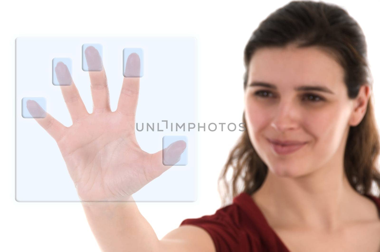 business woman using a biometric decoder on white