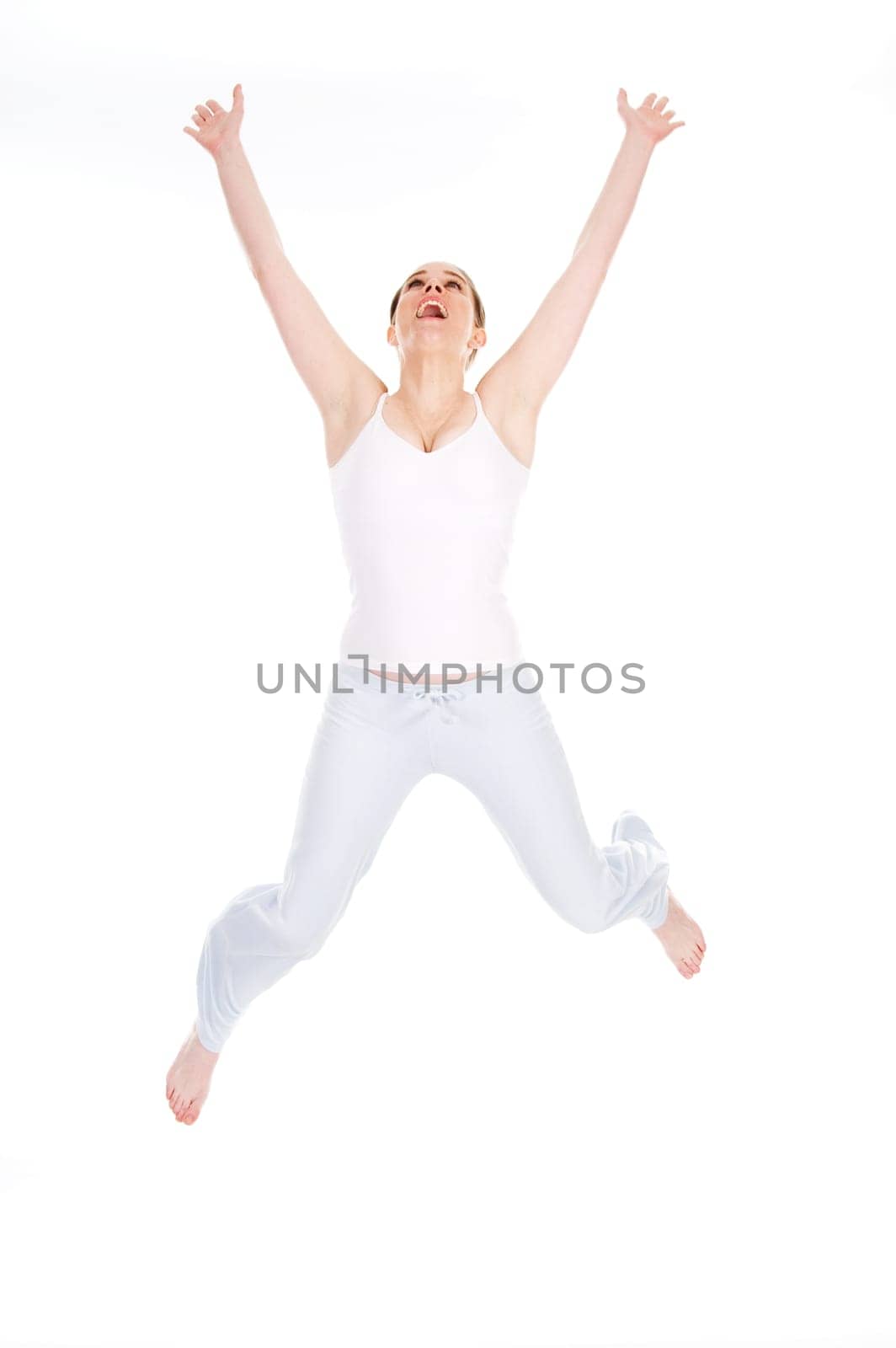 happy cute woman jumping on white background