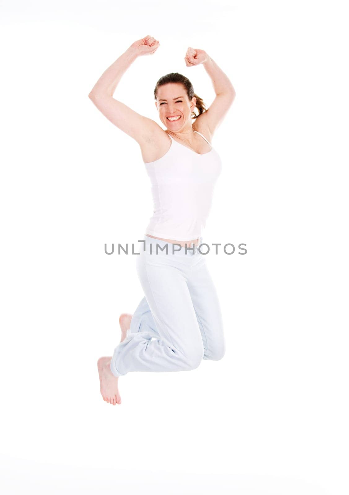 happy cute woman jumping on white background