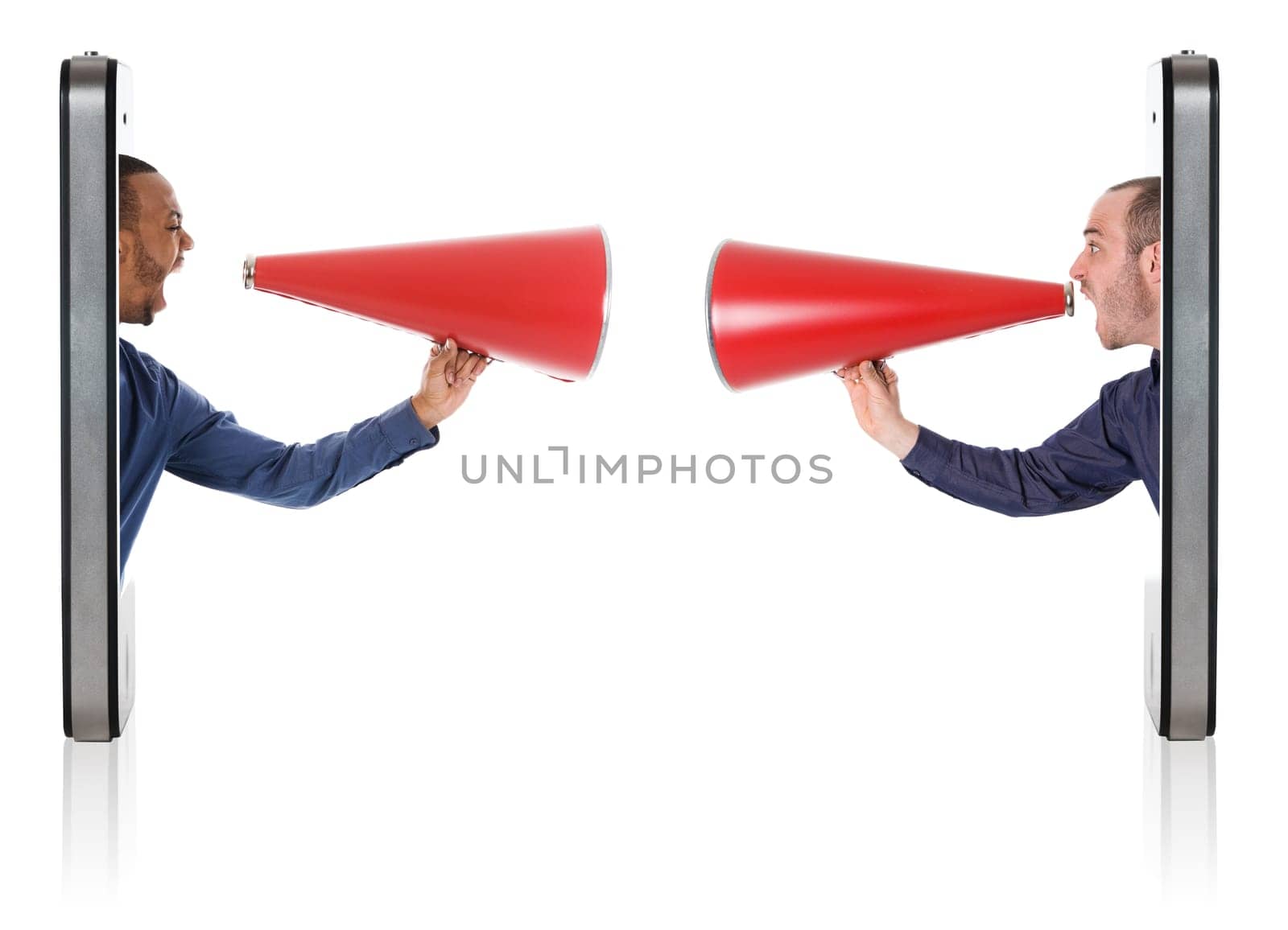 Businesspeople yelling in a red megaphone from a mobile phone