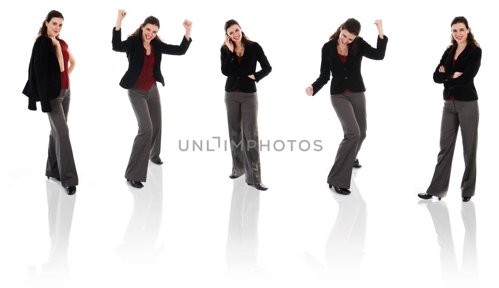 happy business woman on an isolated white background poses