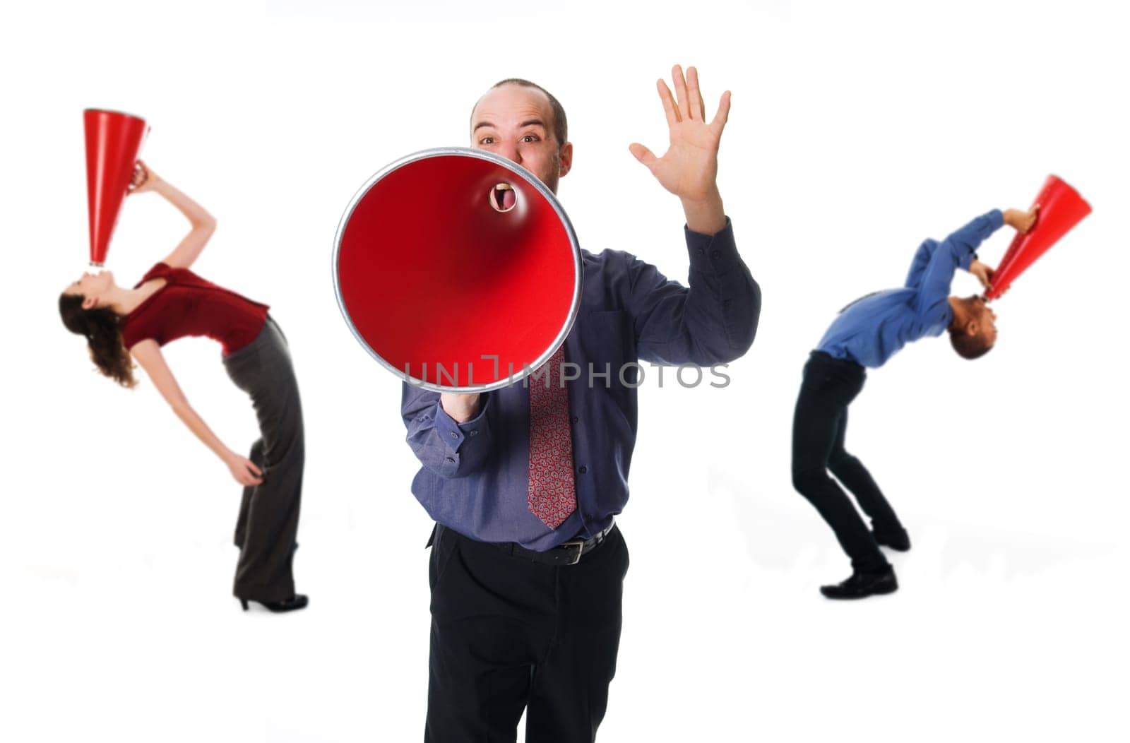 business team holding a red megaphone