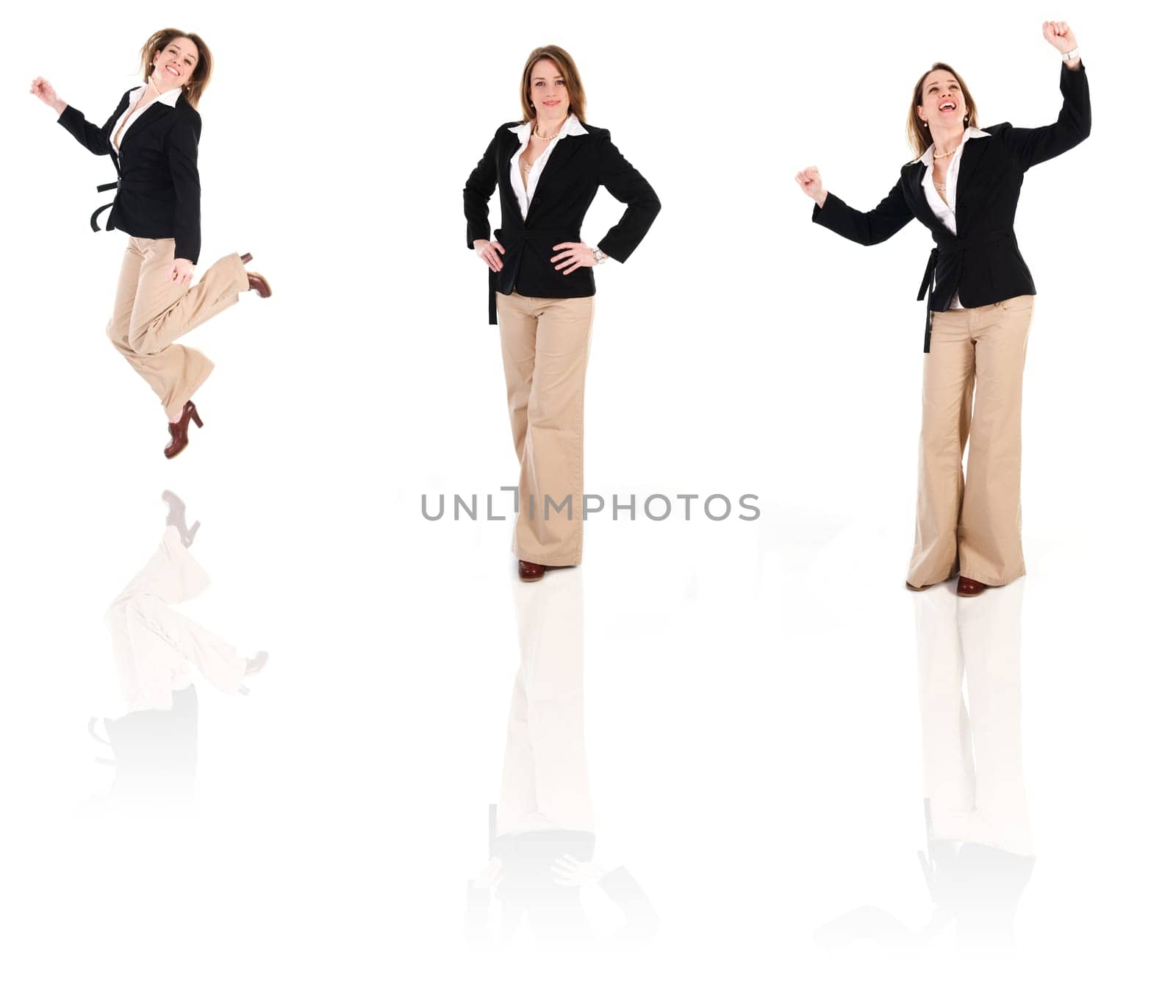 happy business woman on an isolated white background poses