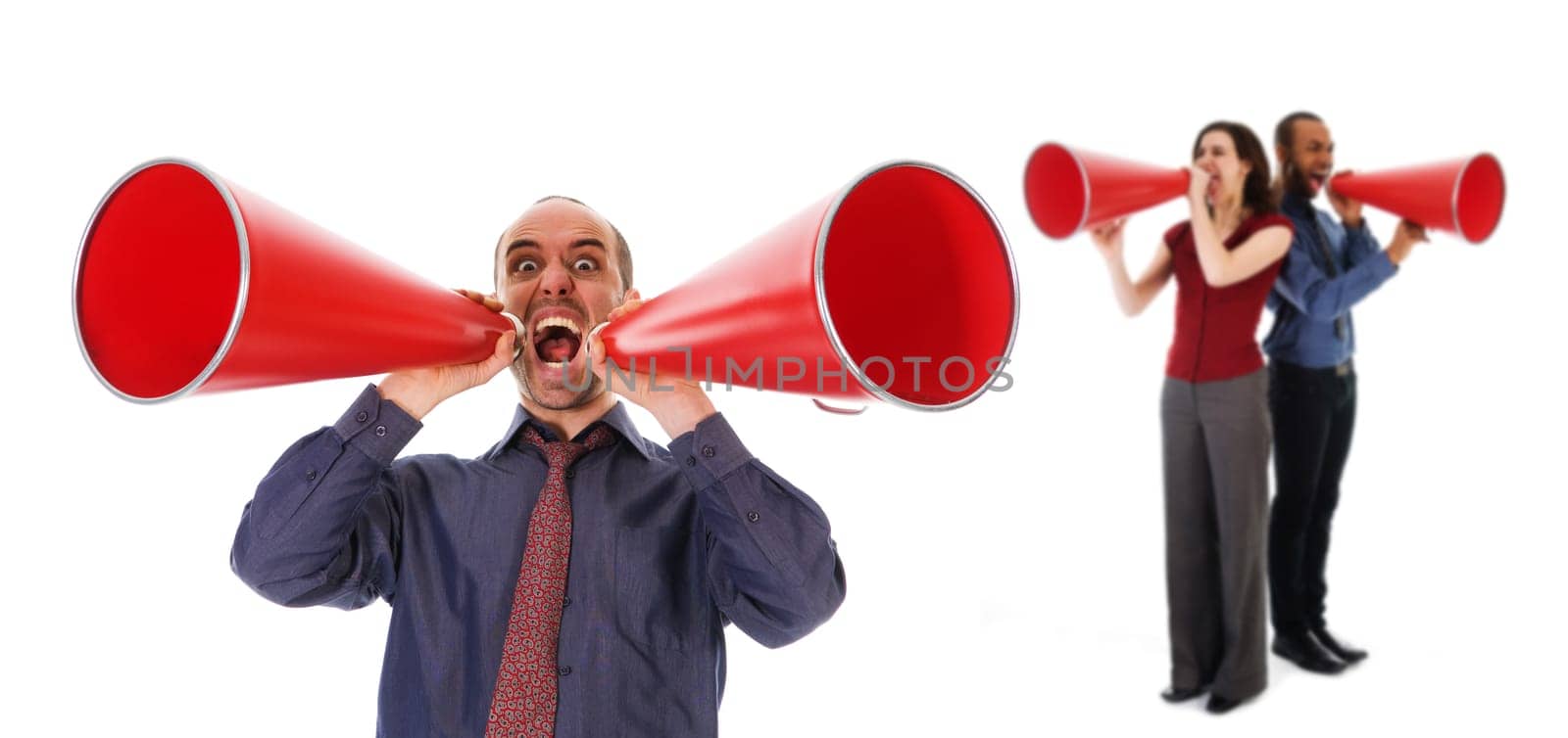 business team holding a red megaphone on emotions