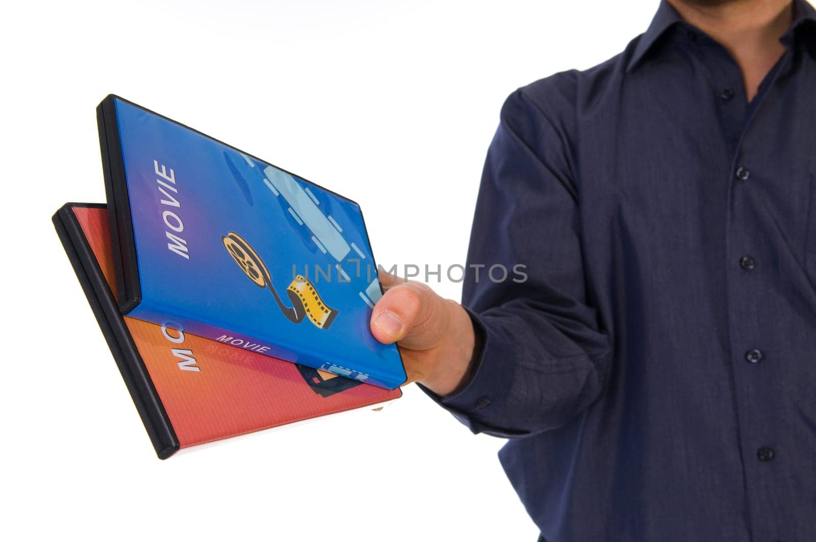 man giving some movies in boxes on white
