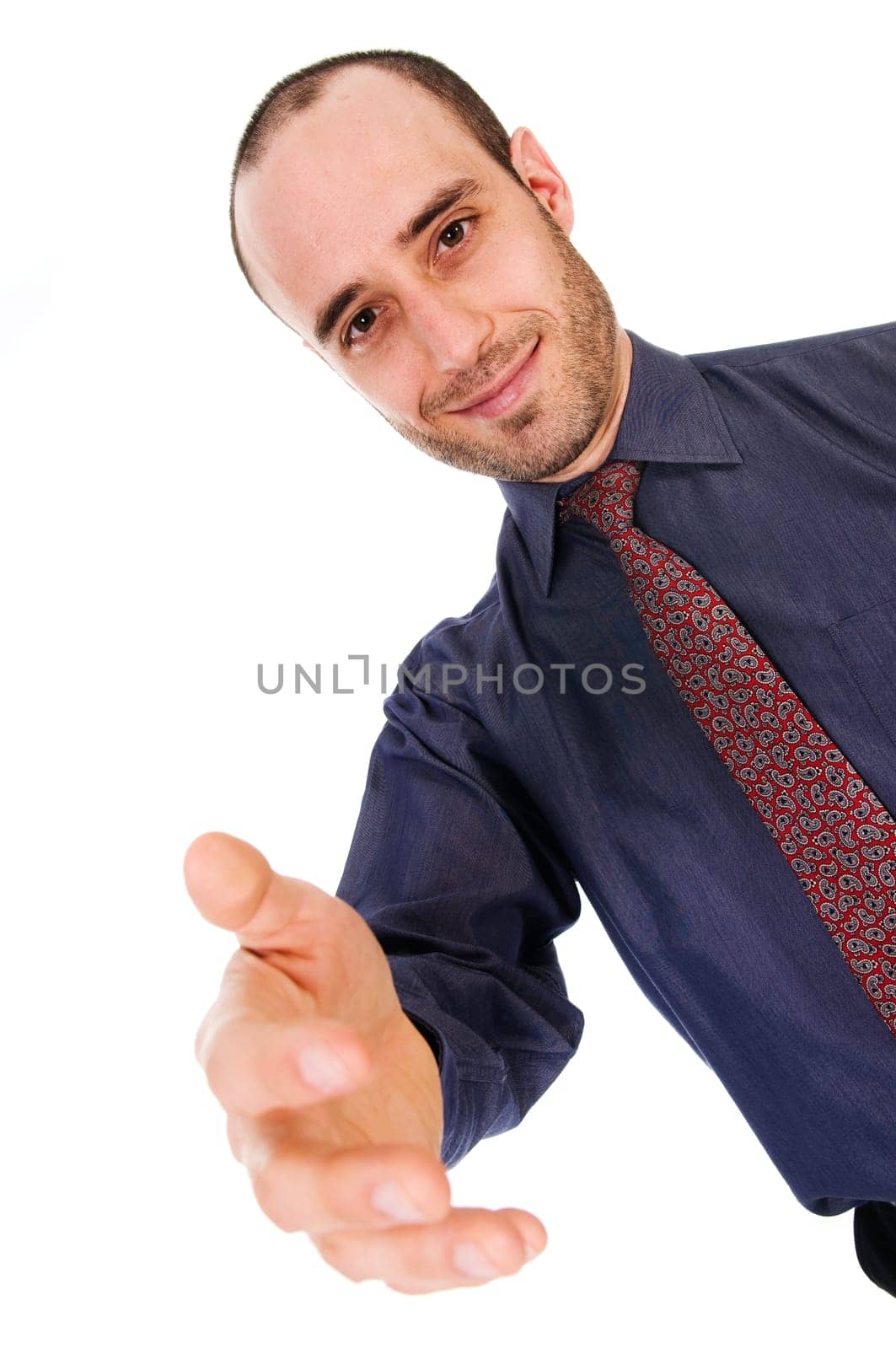 business man giving a hand shake on white