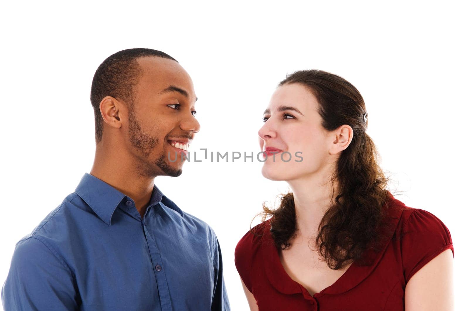 cute young multi ethnic couple in love on white