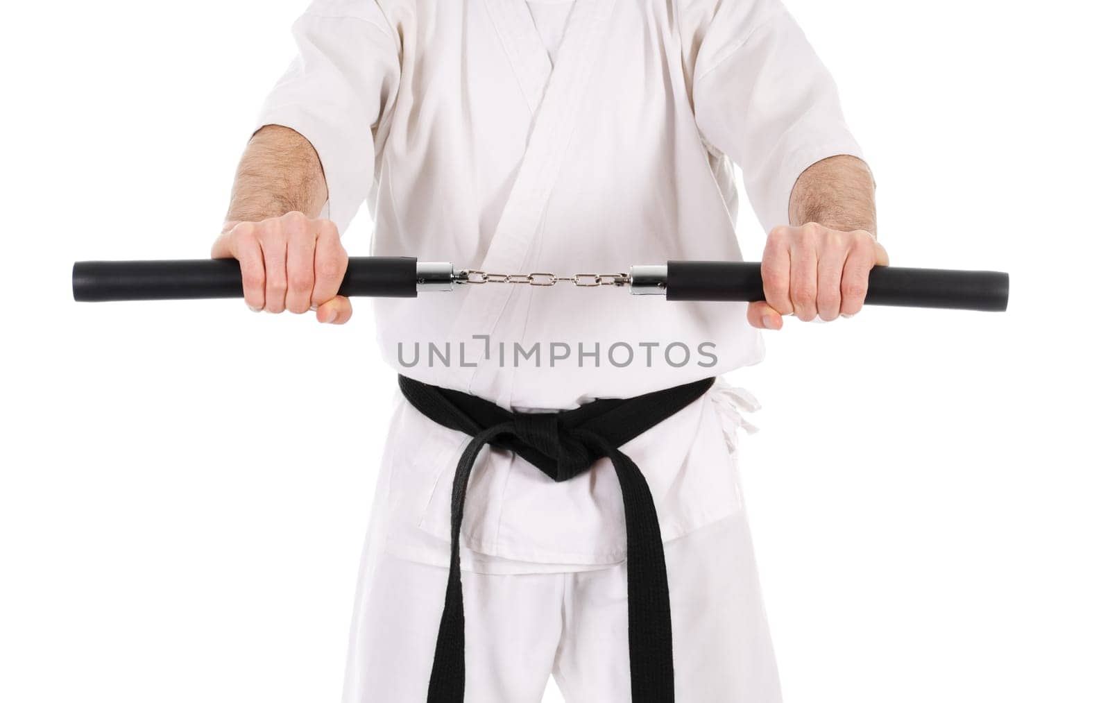 White man doing martial arts on isolated background