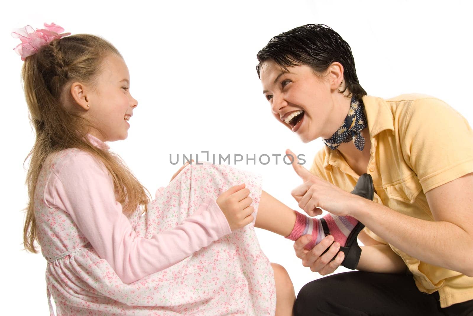 mom and daughter having a blast on white background