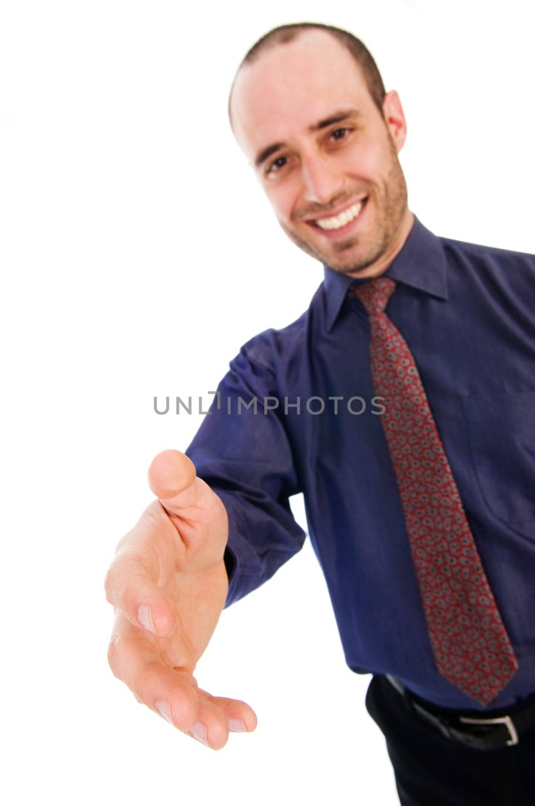 business man giving a hand shake on white