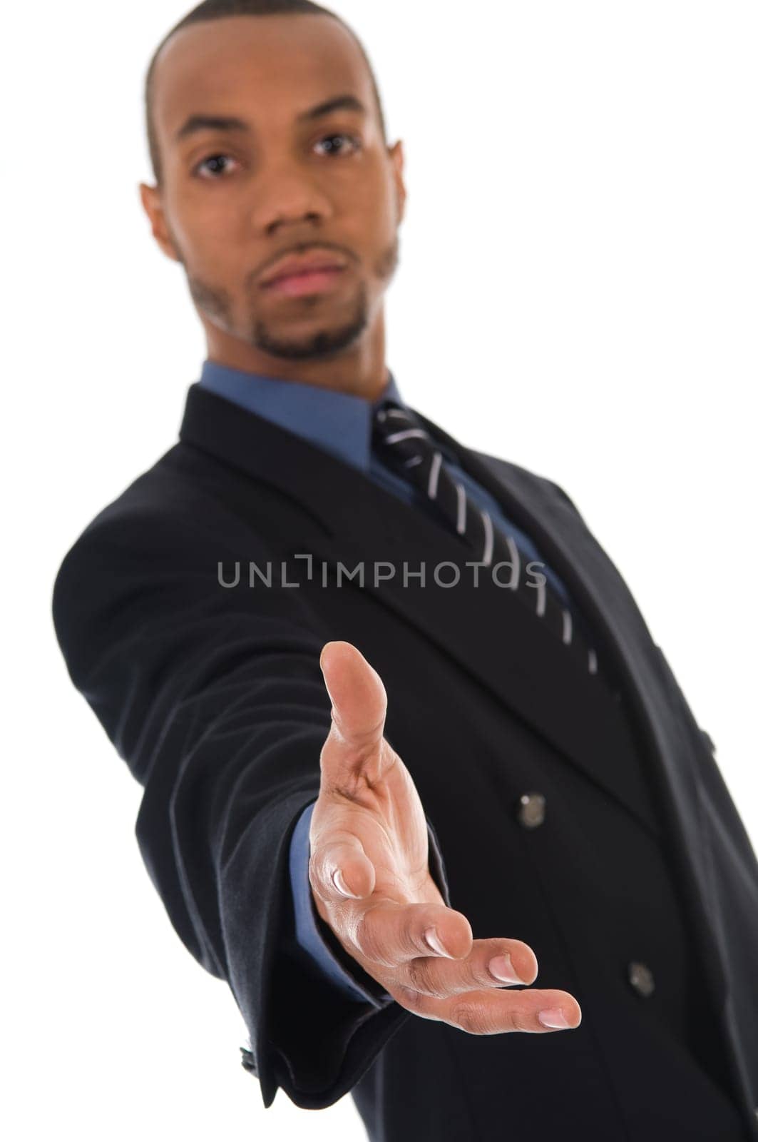 business man giving a hand shake on white