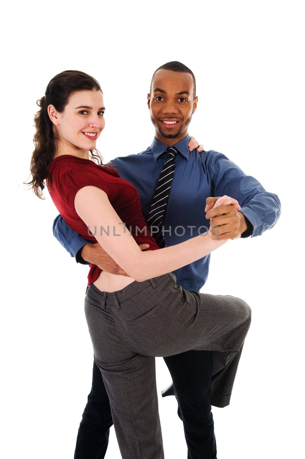 young multi ethnic couple beautiful dancing on white