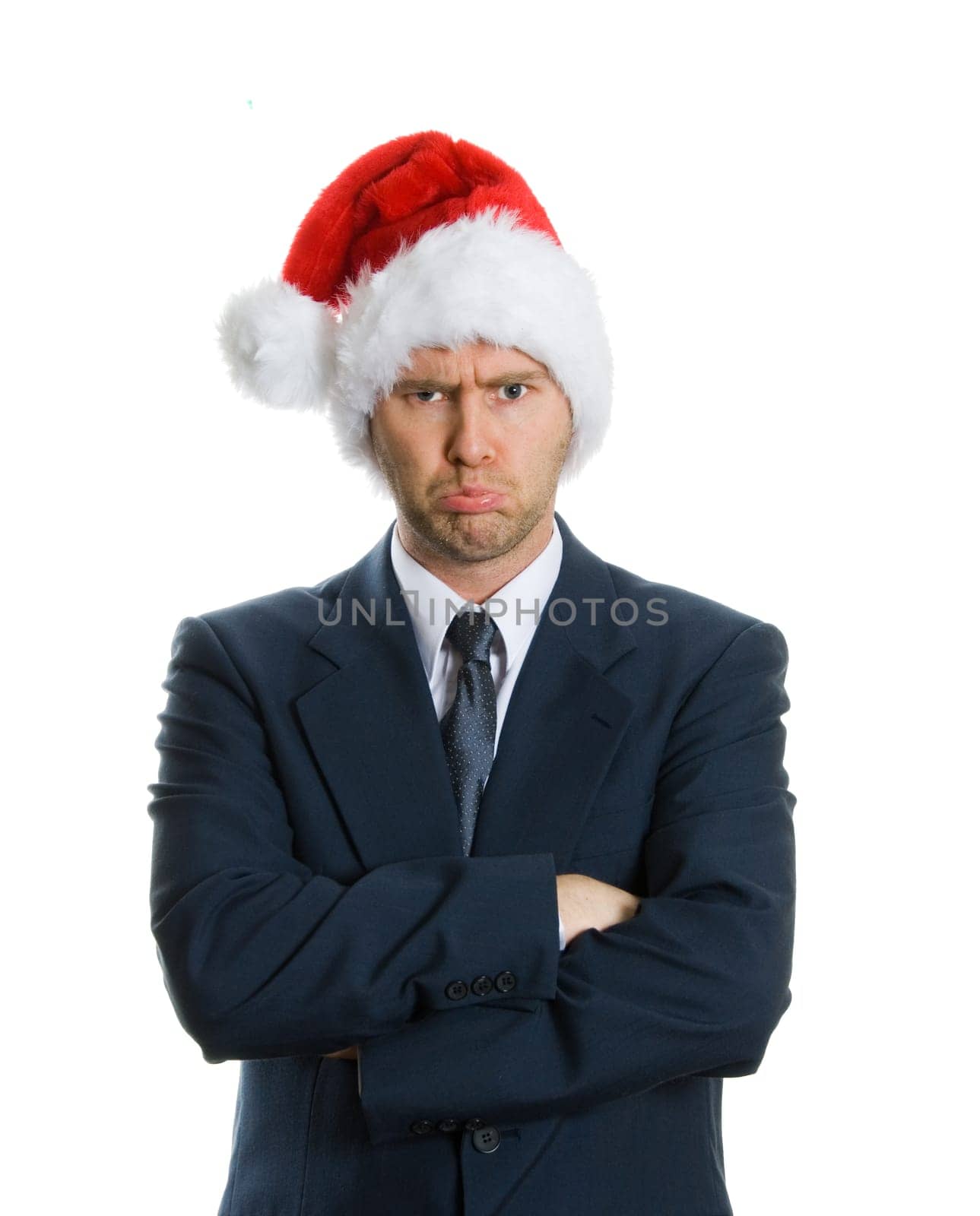 pouting man in blue suit on white background