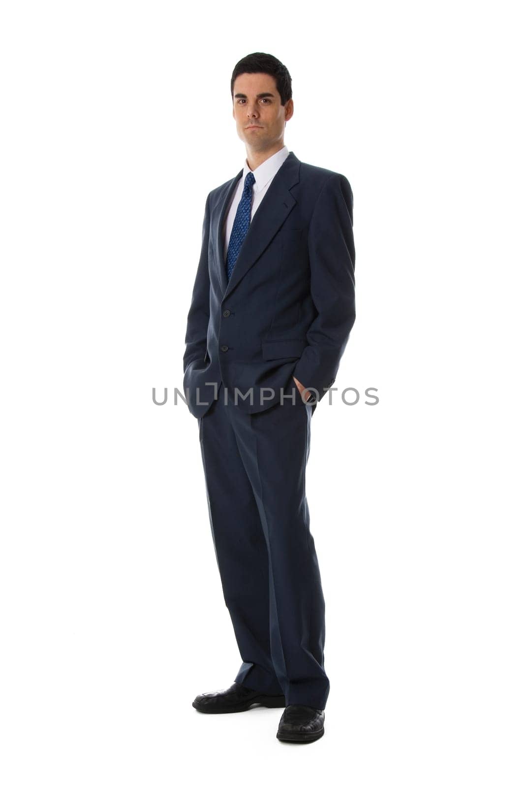 man in blue suit full front shot on white