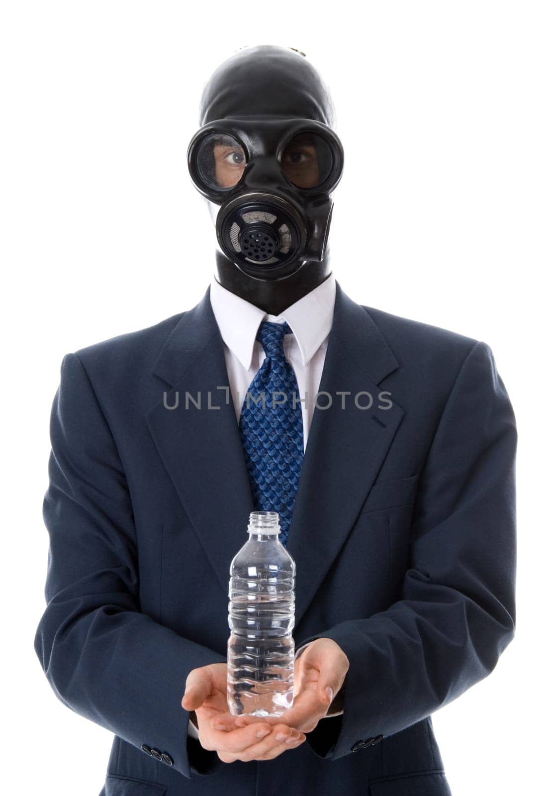 man in blue suit holding a water bottle