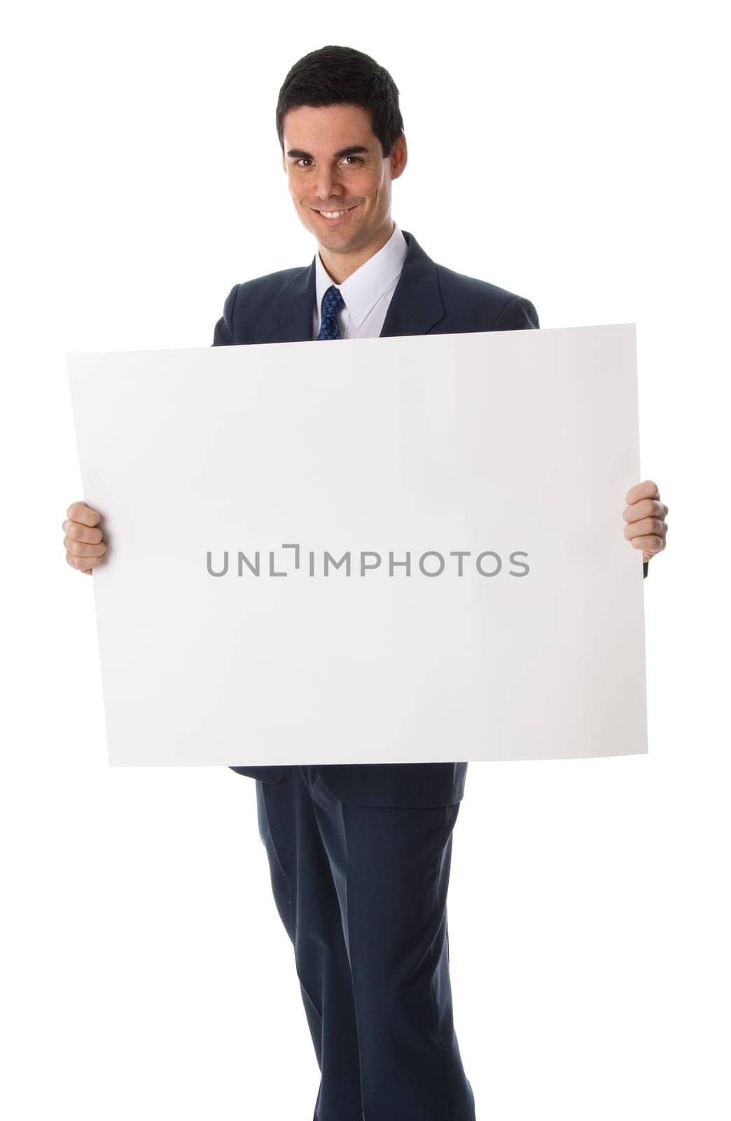 businessman in blue suit holding a white card