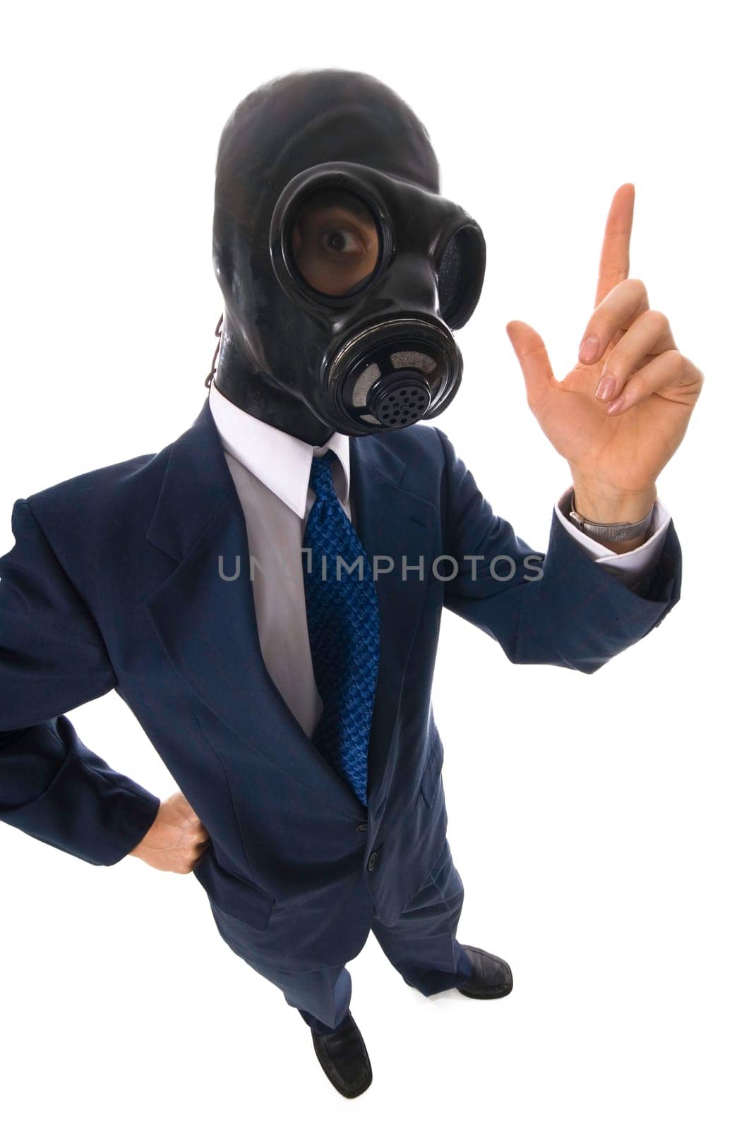 man in a blue suit with a latex mask with a question