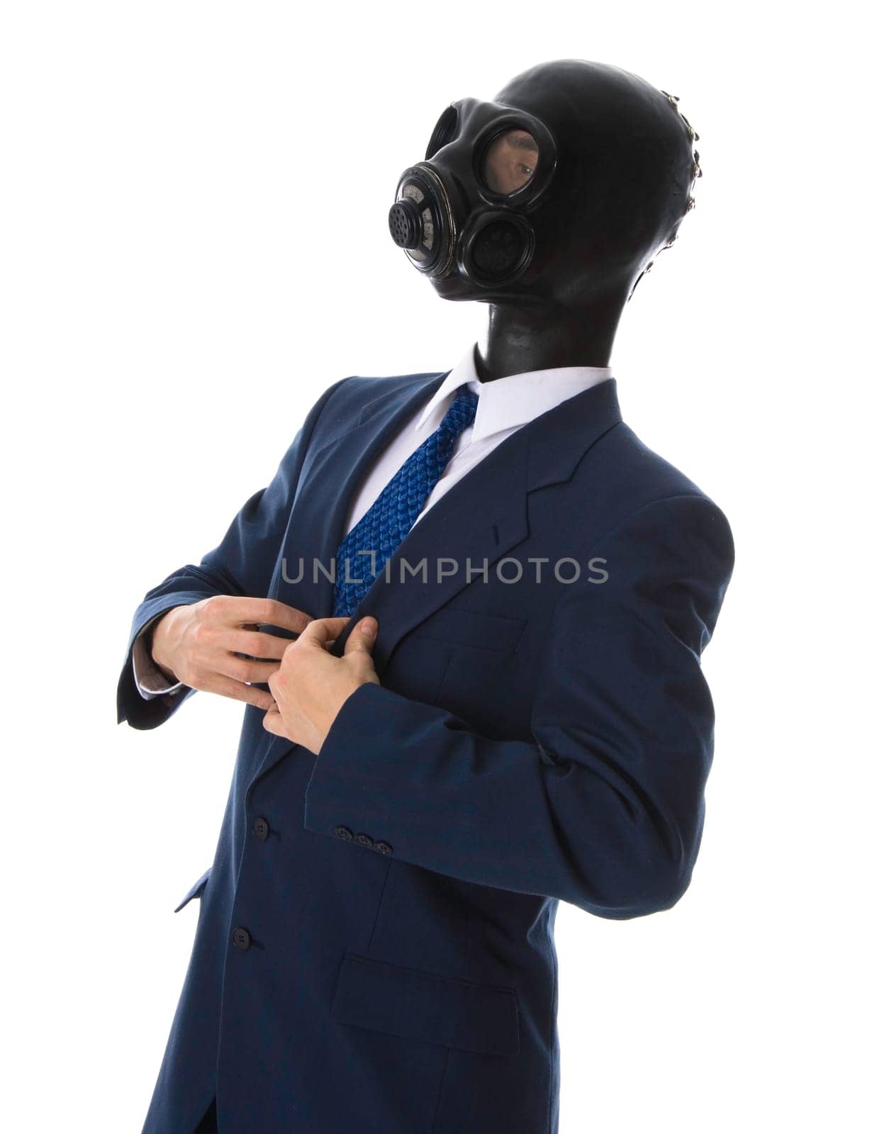 man in a blue suit with mask checking himself out