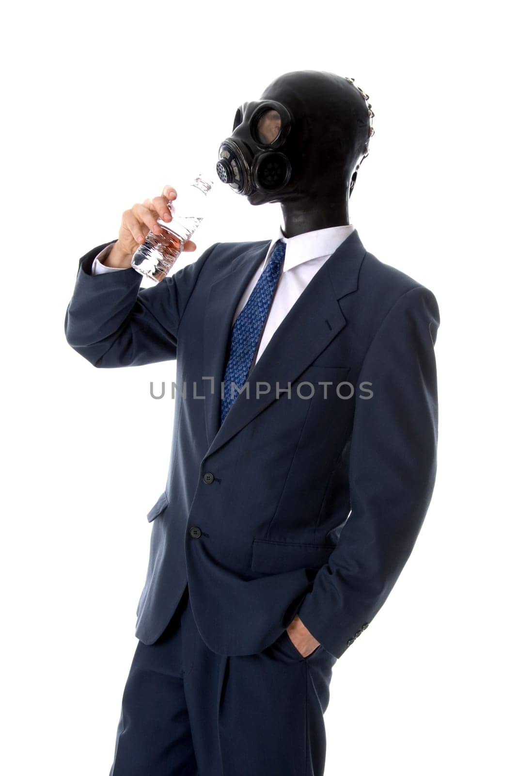 man in blue suit with mask drinking