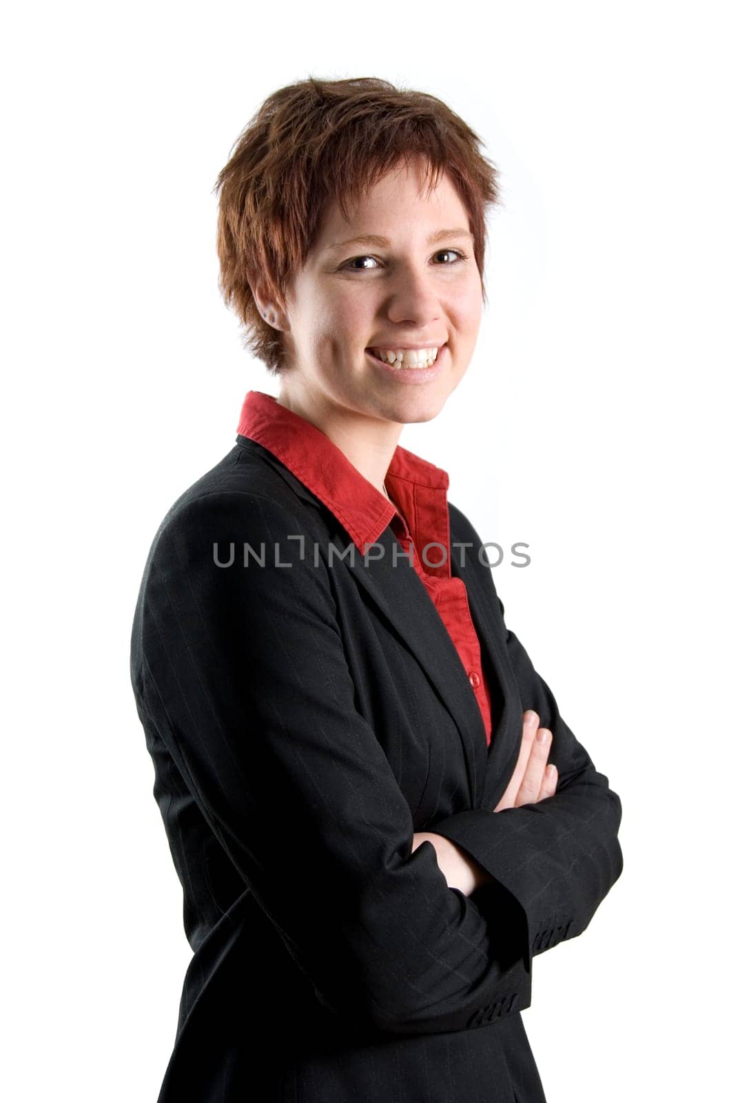 nice woman in black jacket with her arms crossed