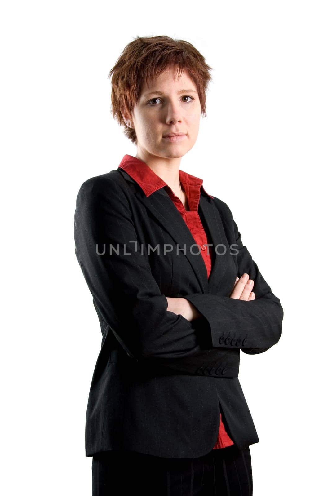 serious woman in a black jacket and a red blouse