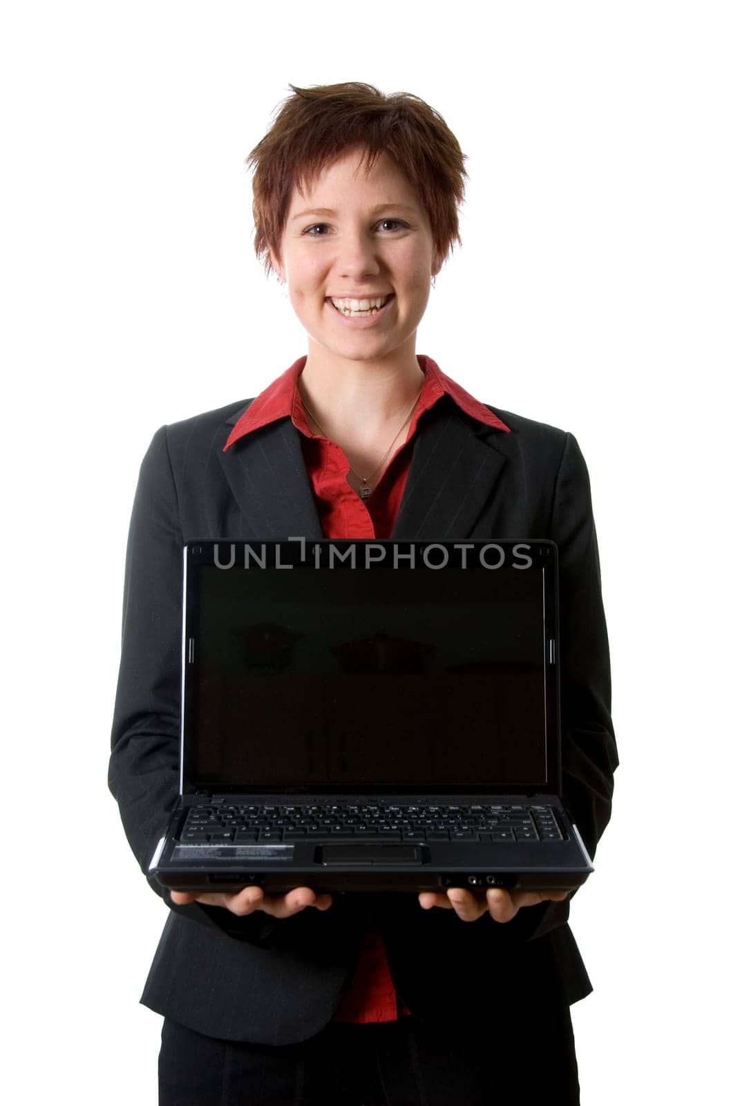 woman in black jacket holding a latop
