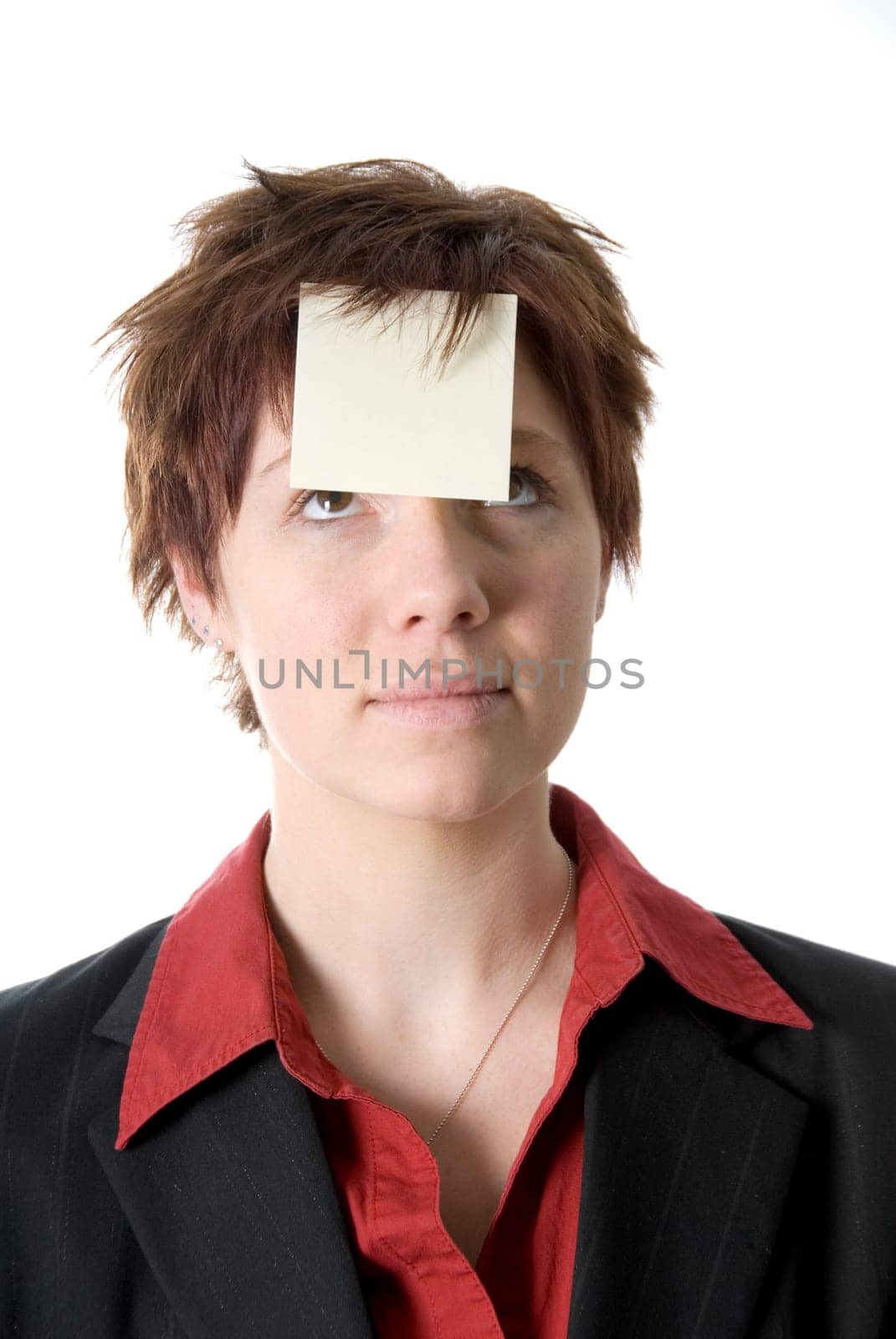 woman with a post-it on her forehead
