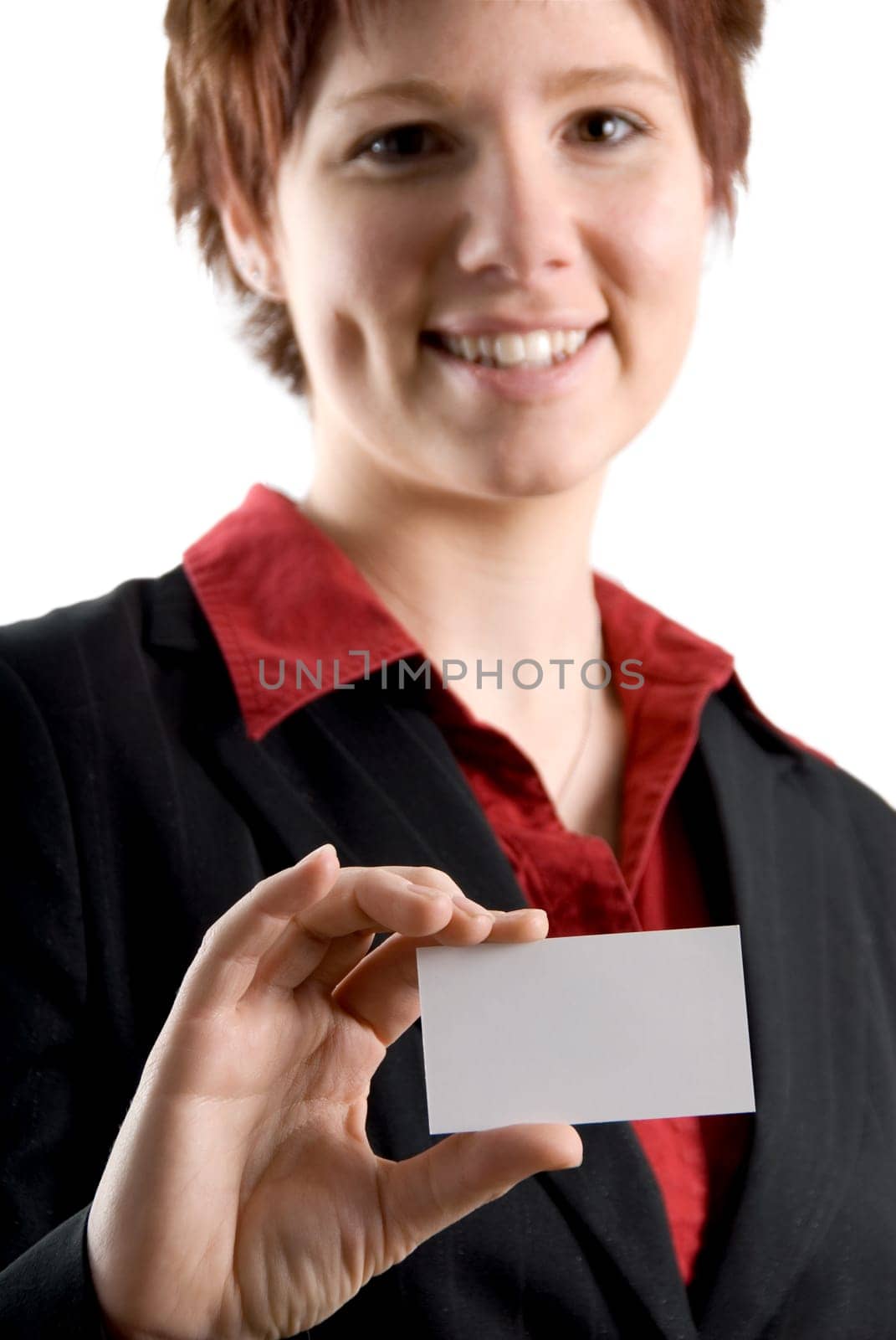 woman holding a blank white business card