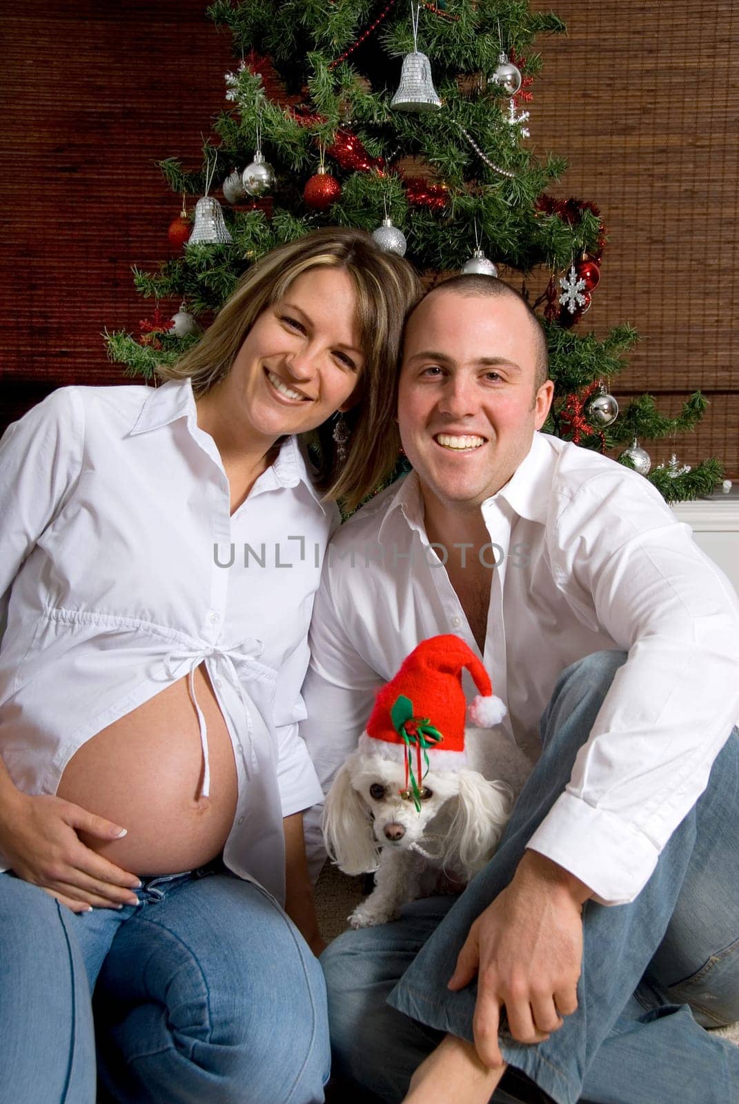 happy merry couple in front of the xmas tree