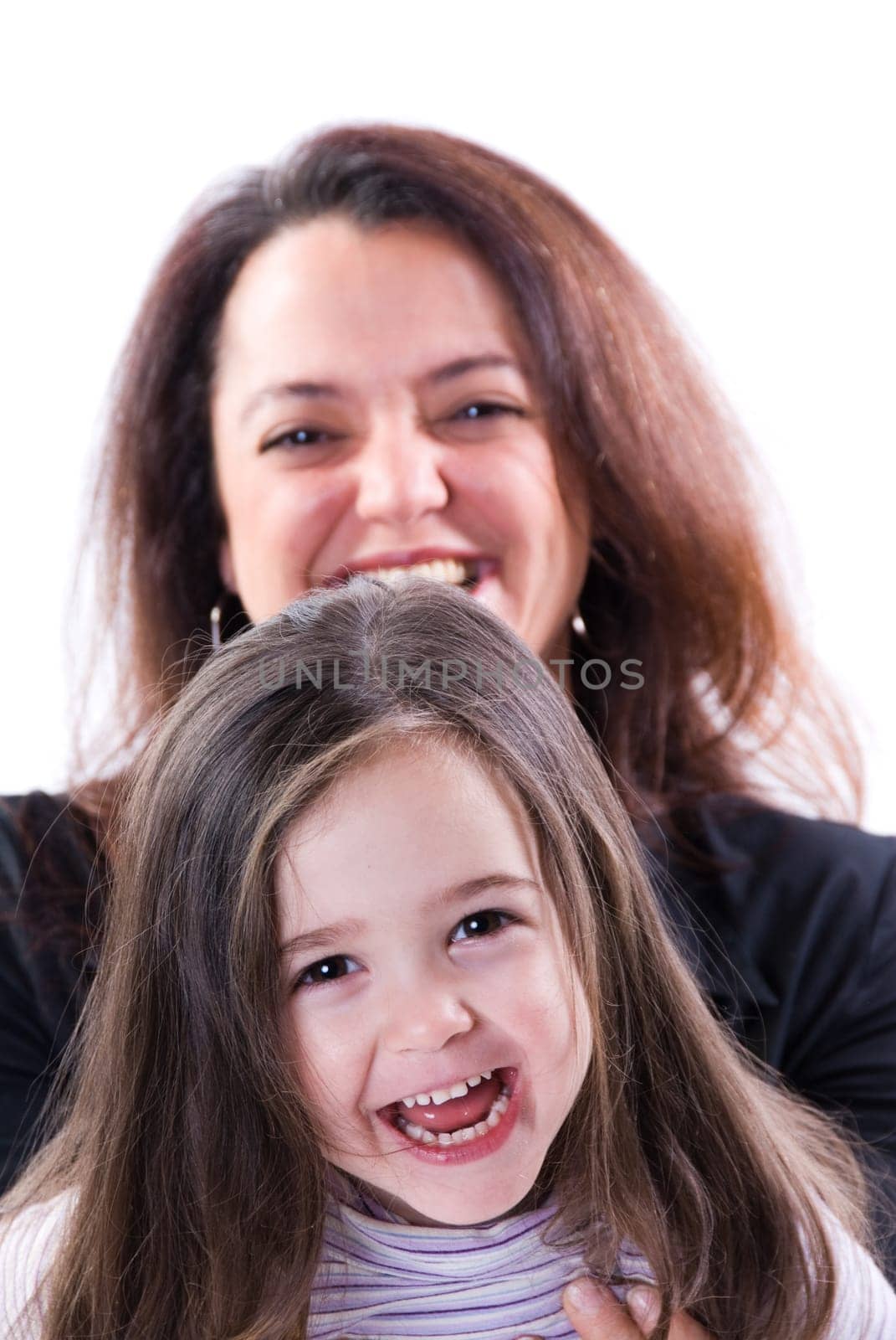 Mom and girl playing on white background