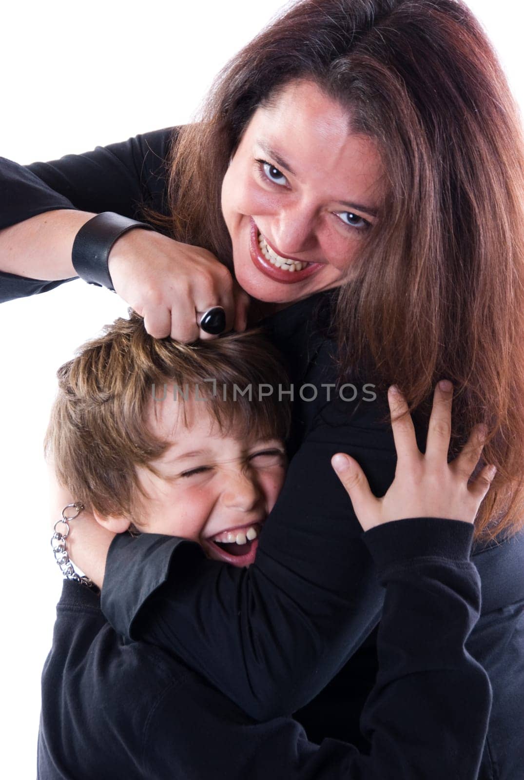 Mom and boy playing on white background