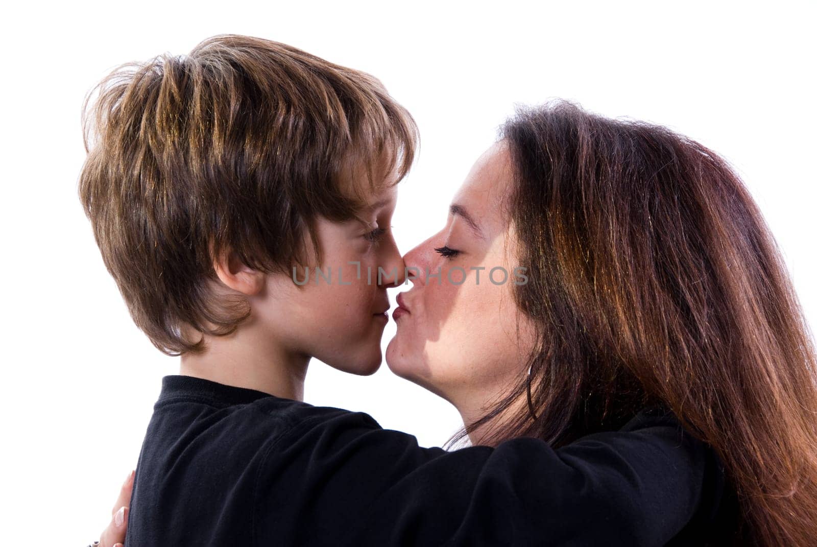 mom and boy showing love on white