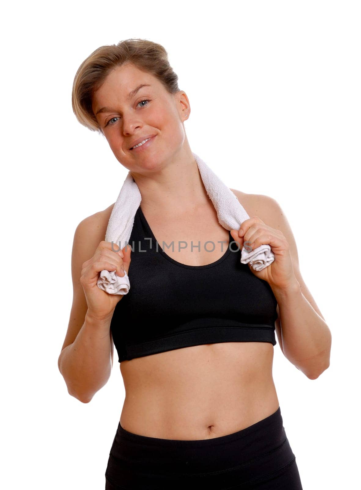 cute blond female with a towel on white