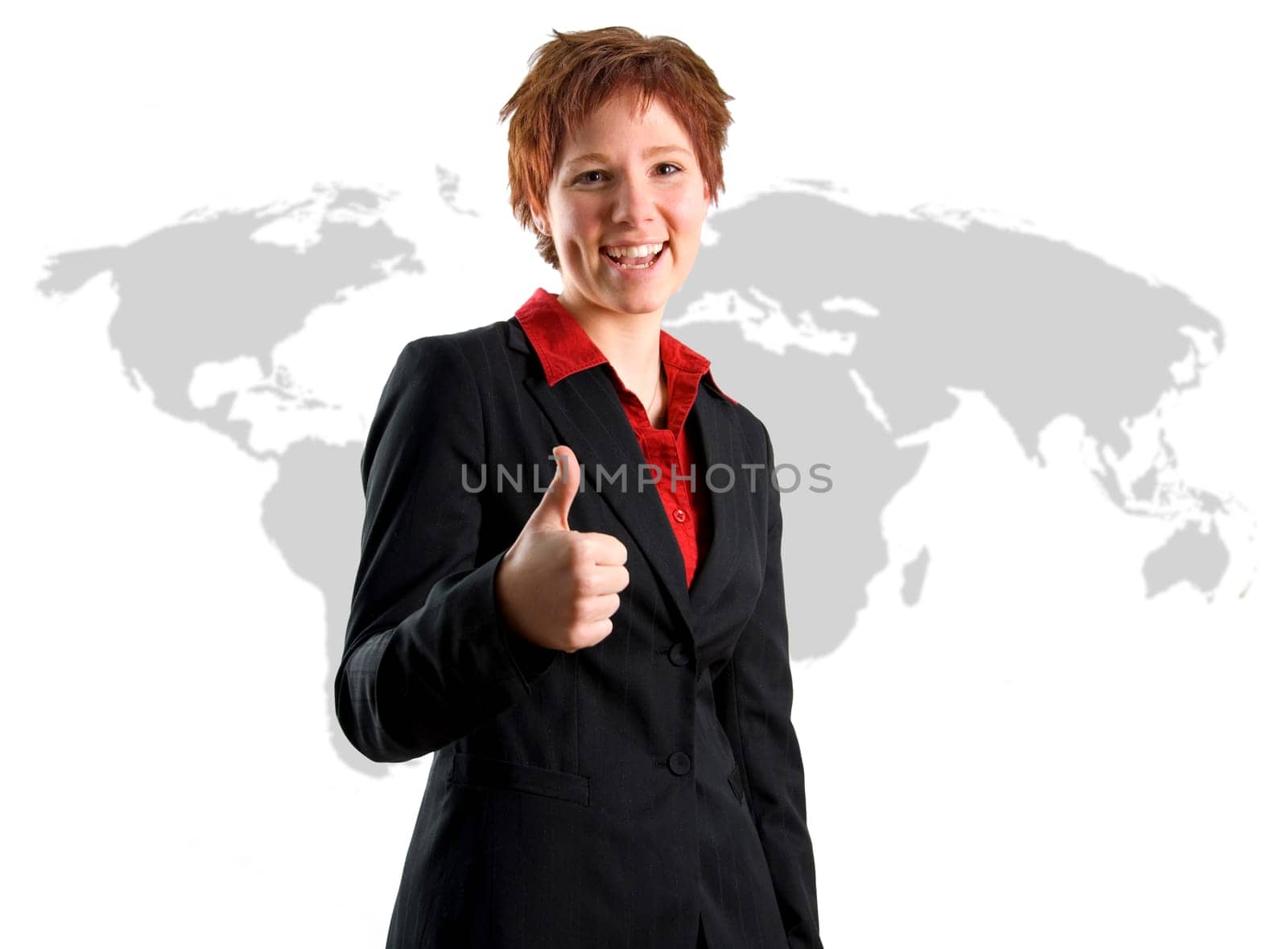 Business Woman International on a world map background