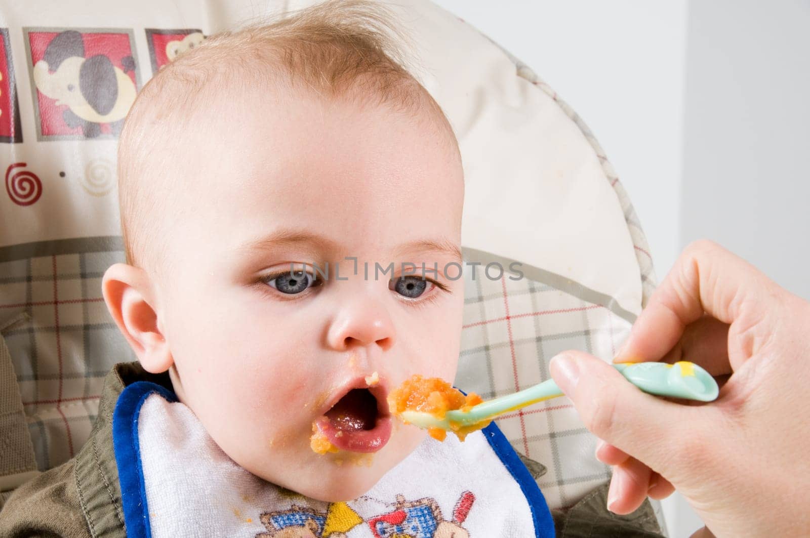 parent feeding a cute baby healthy food