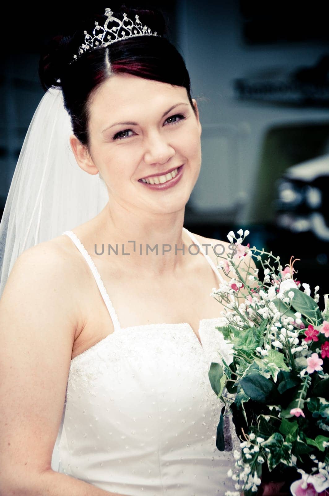 White Bride at her wedding posing with veil