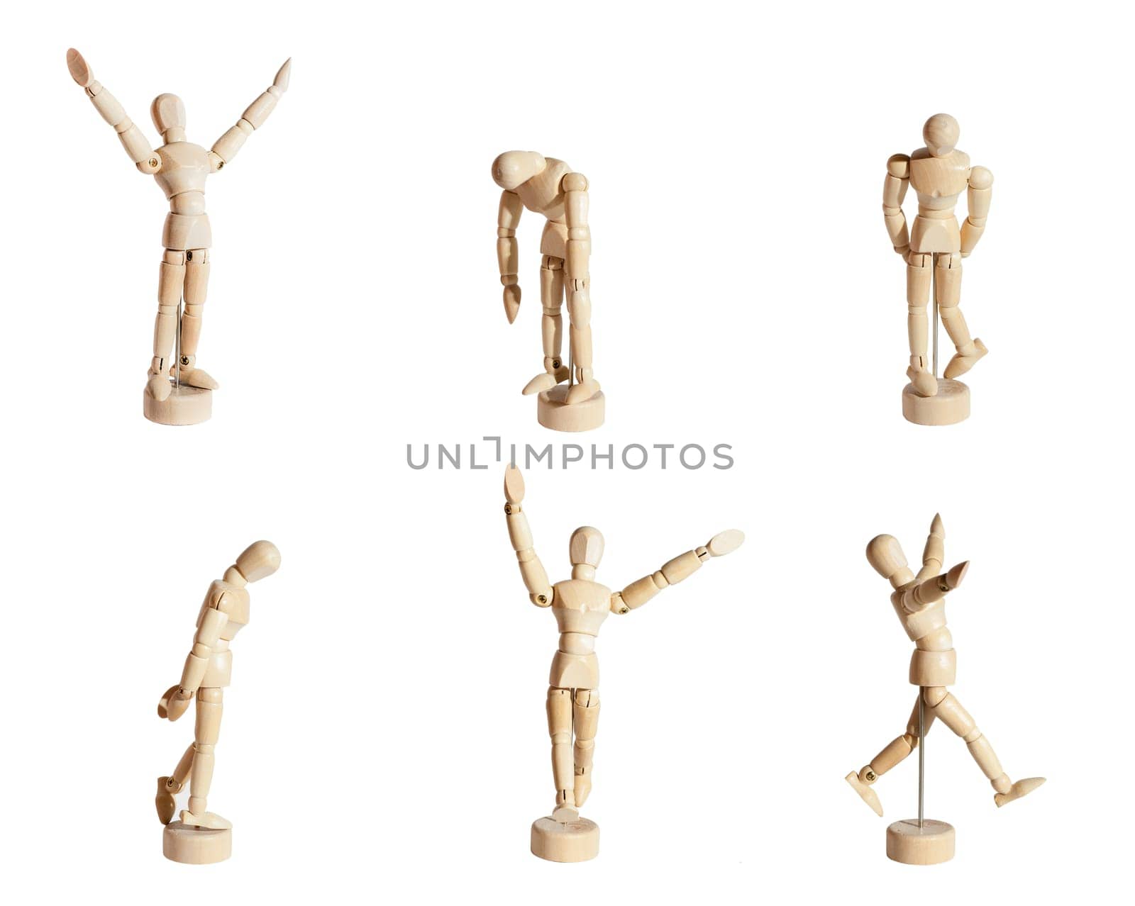 Six wood mannequins showing diverse emotions against white background.