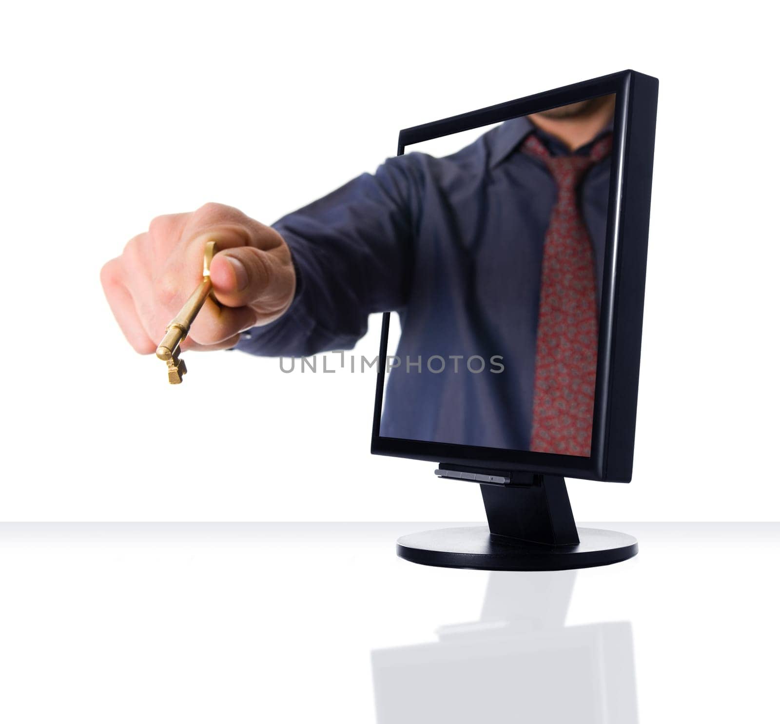 a computer flat screen monitor with gold key