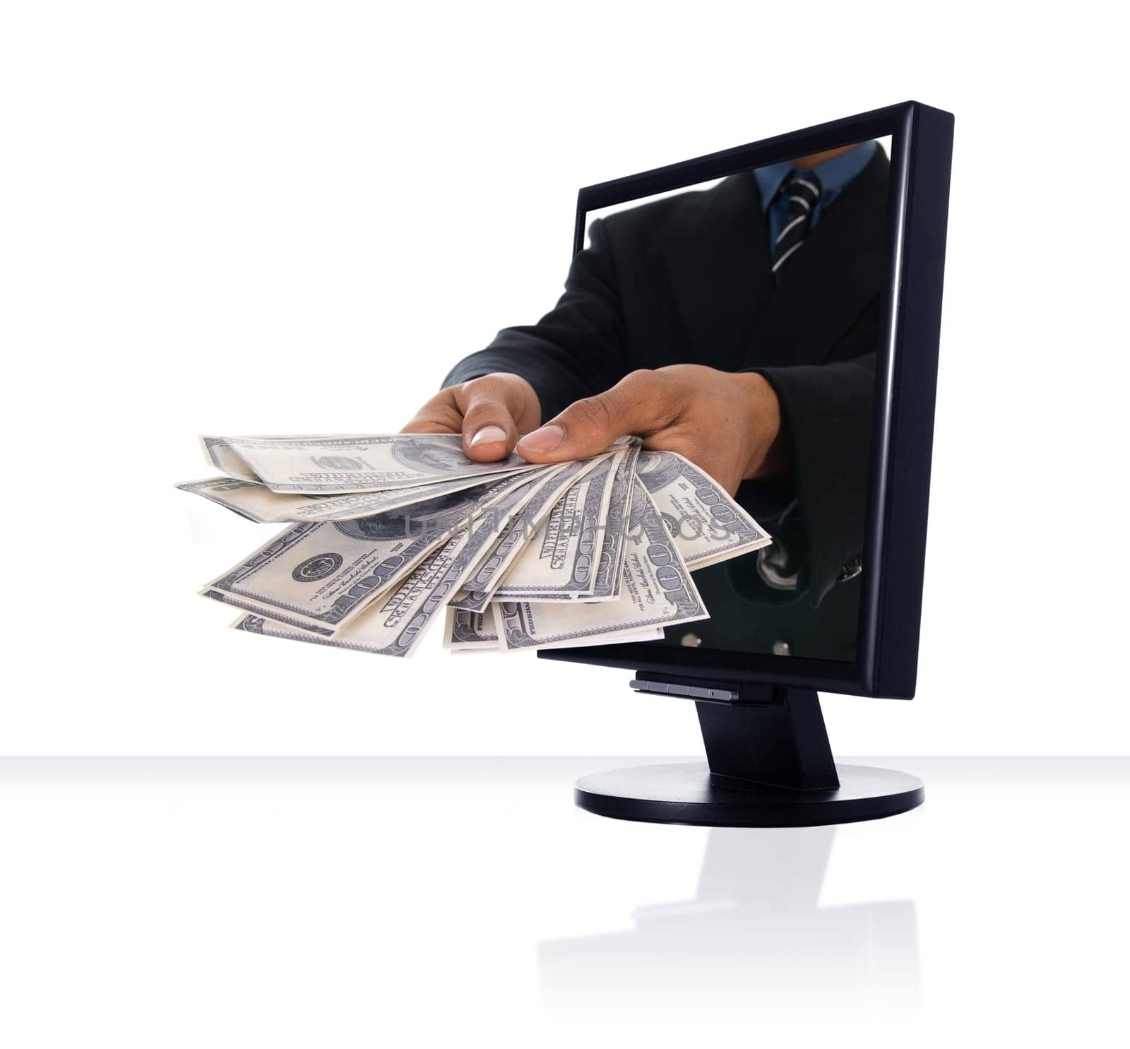 a computer flat screen with money coming out