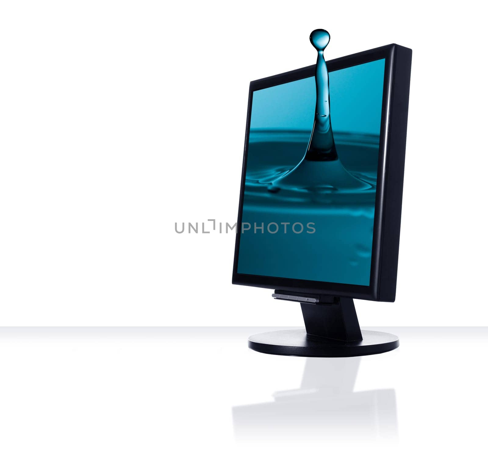 a computer flat screen monitor with water drop
