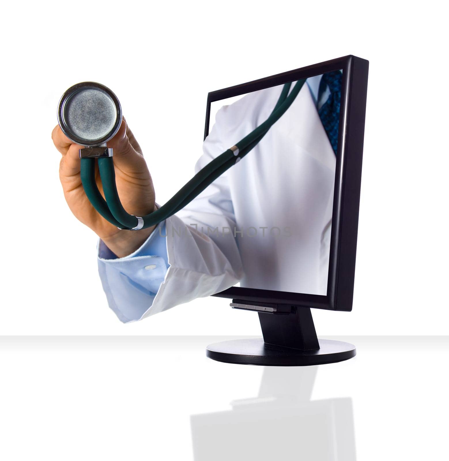 A hand with a stethoscope to give an exam