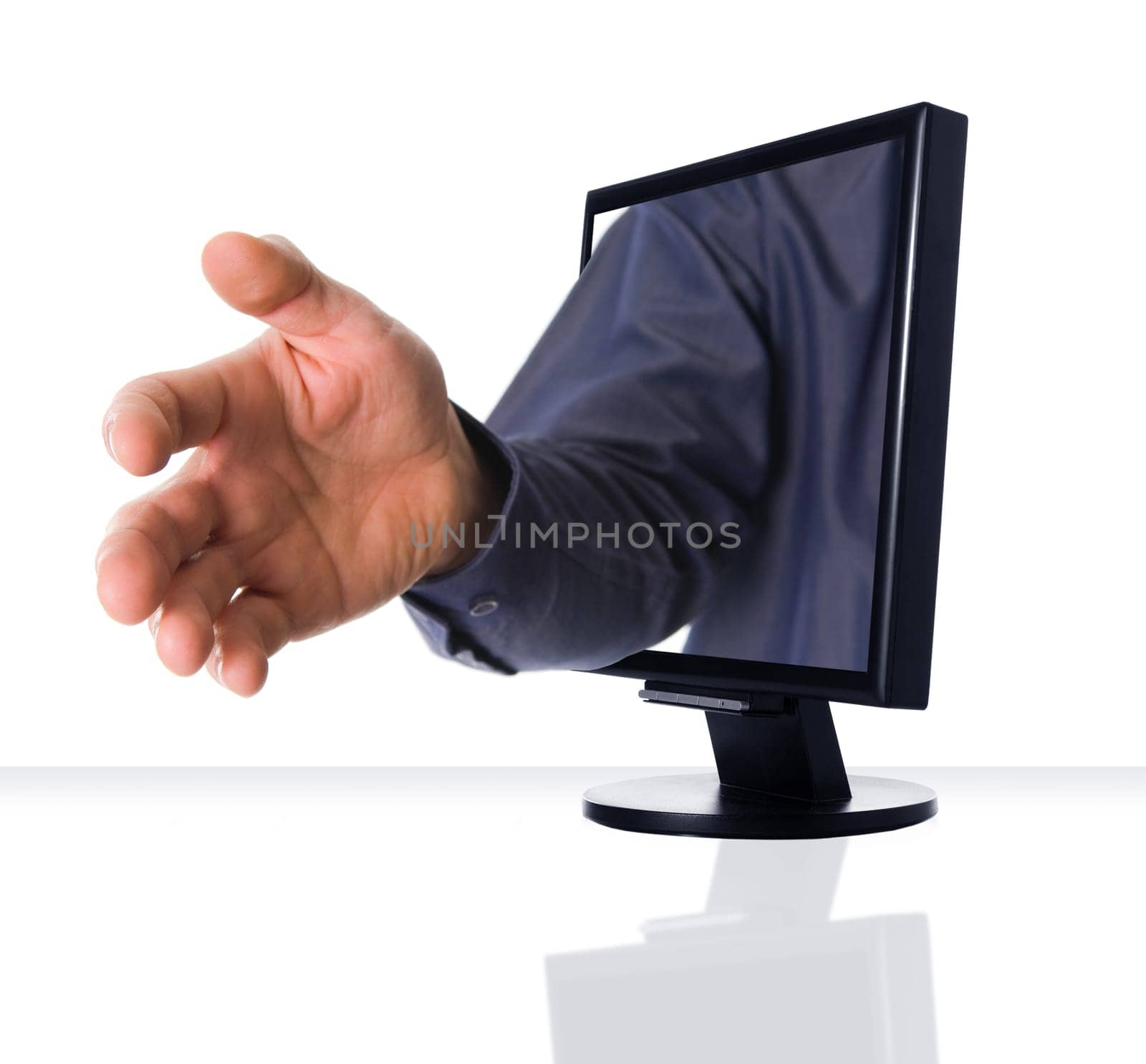 a computer flat screen monitor with a handshake