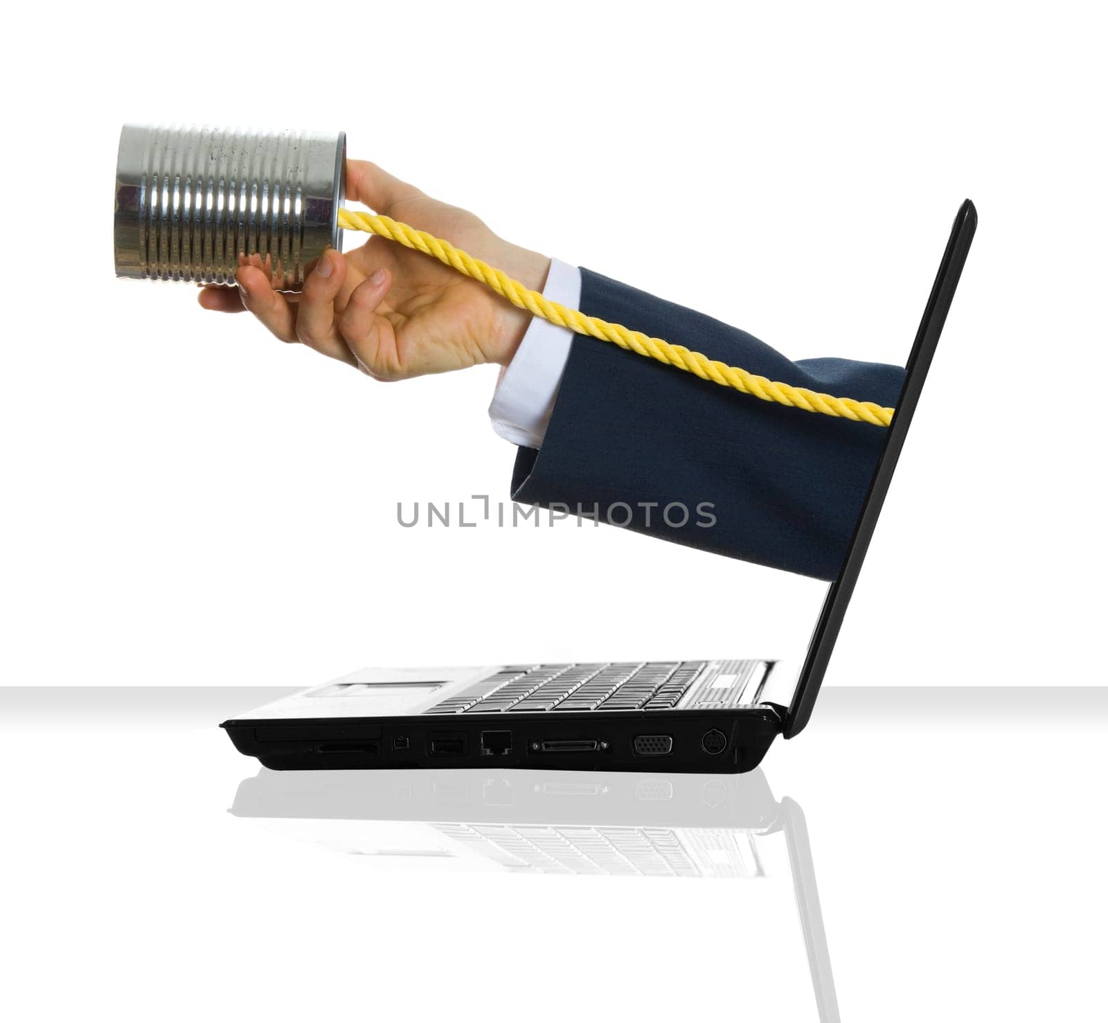 a hand giving his tin can phone from a laptop