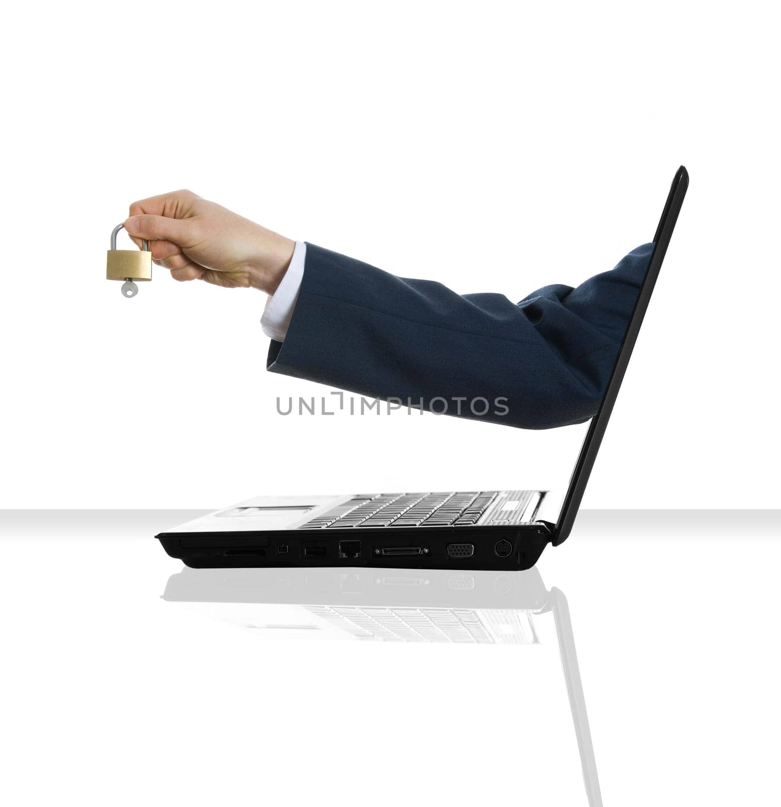 a single laptop on a white table and background
