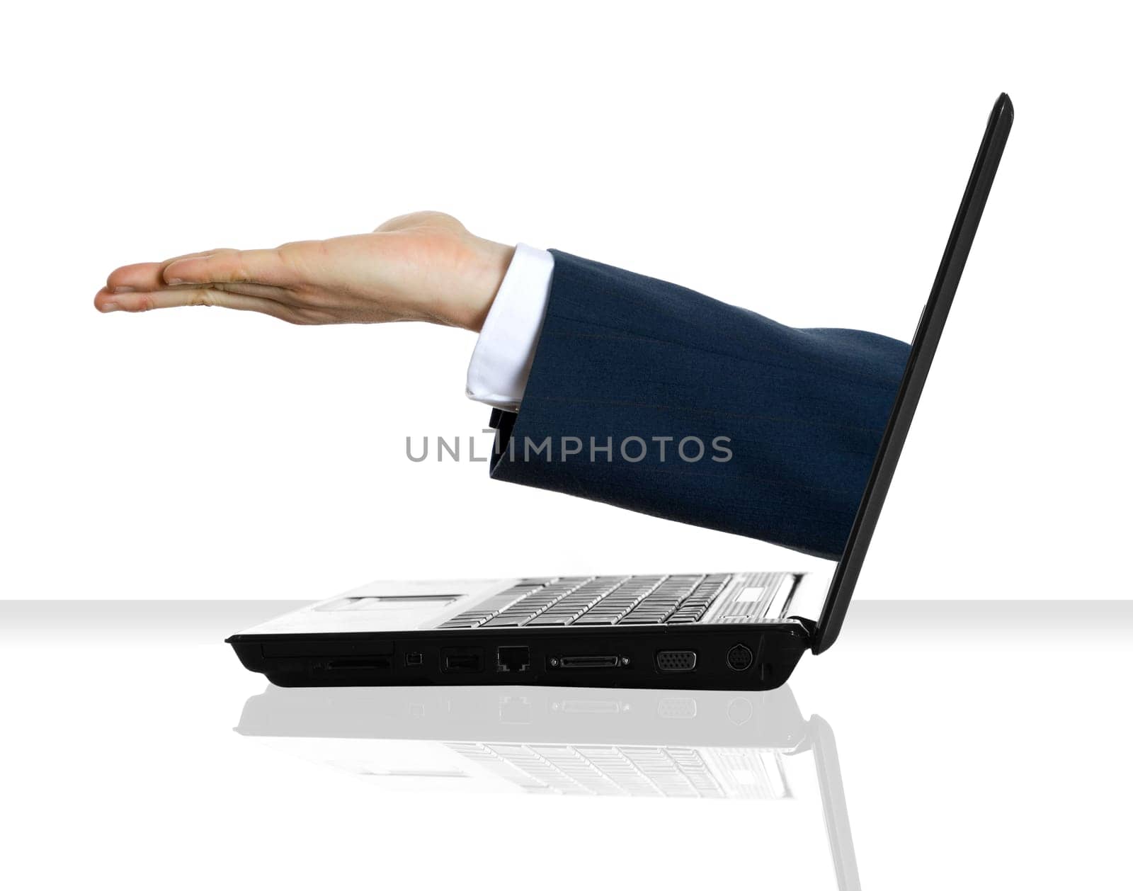 an empty hand sticking out of a monitor