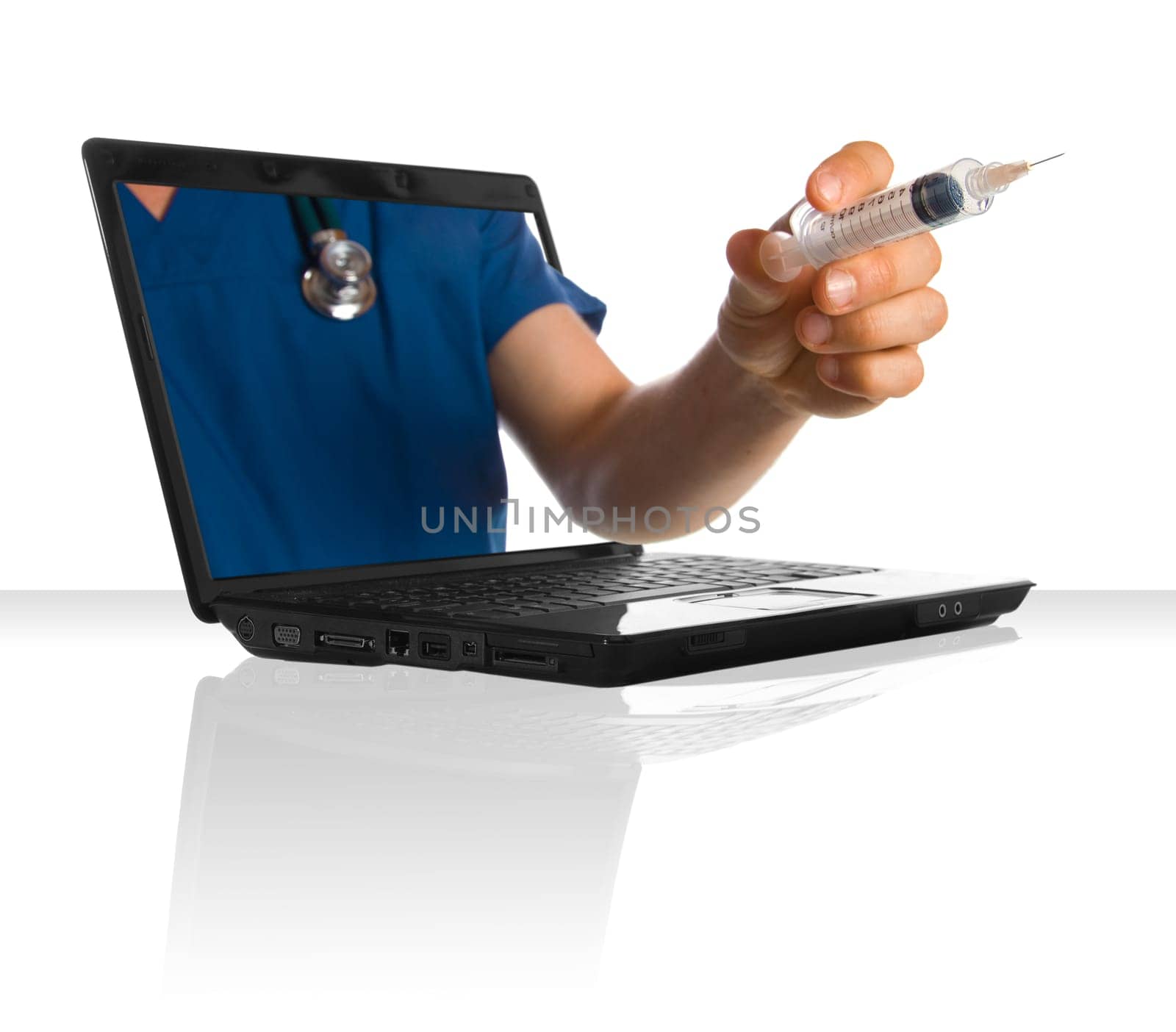 A doctor's hand holding a syringe through a laptop