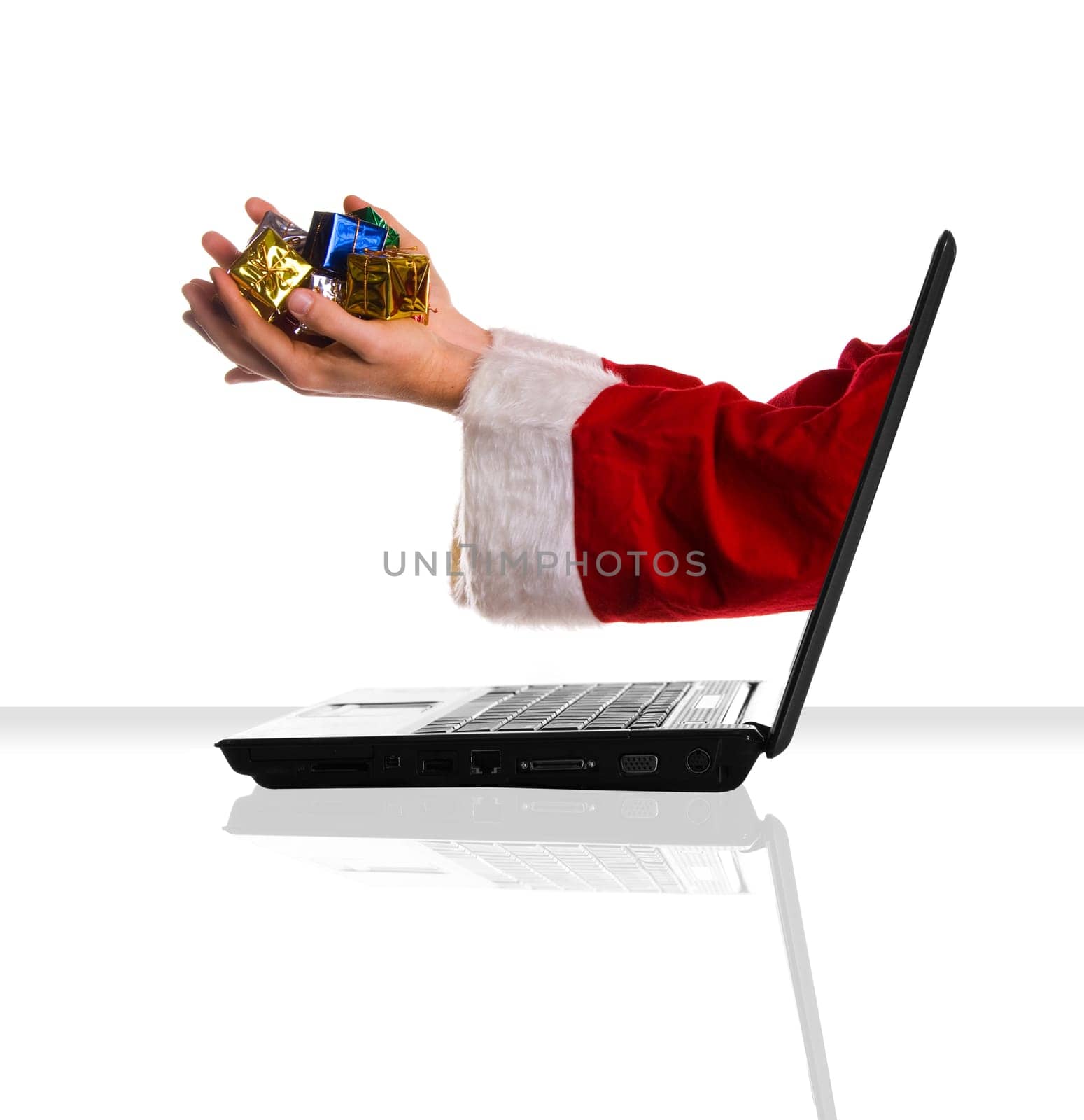 a single laptop on a white table and background for xmas