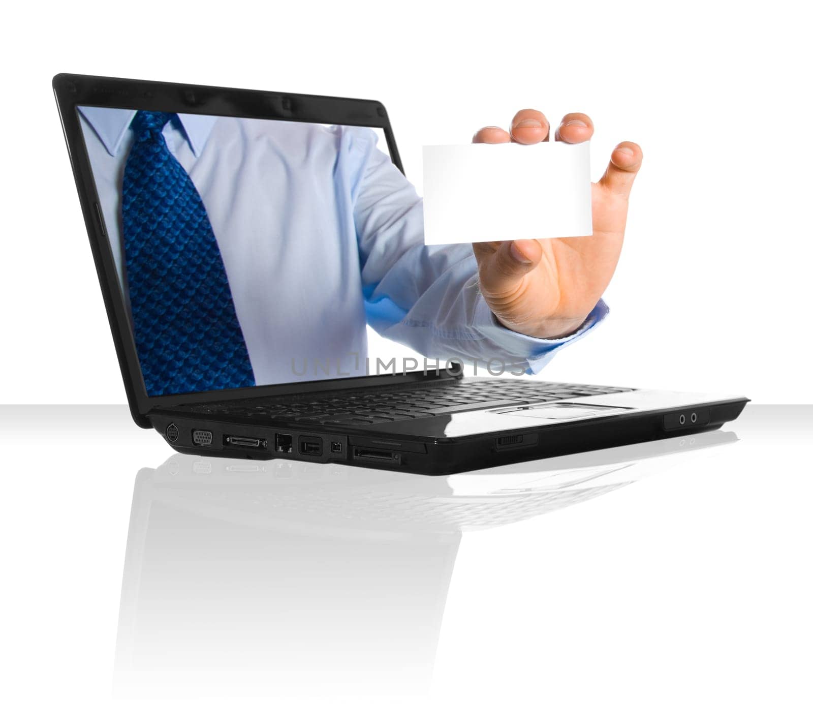 A hand giving a businesscard through a laptop